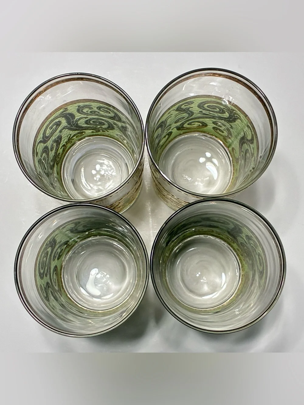 MCM Set of 4 Culver TOLEDO Green Gold Scroll Highball Glasses Tumblers 12 oz.